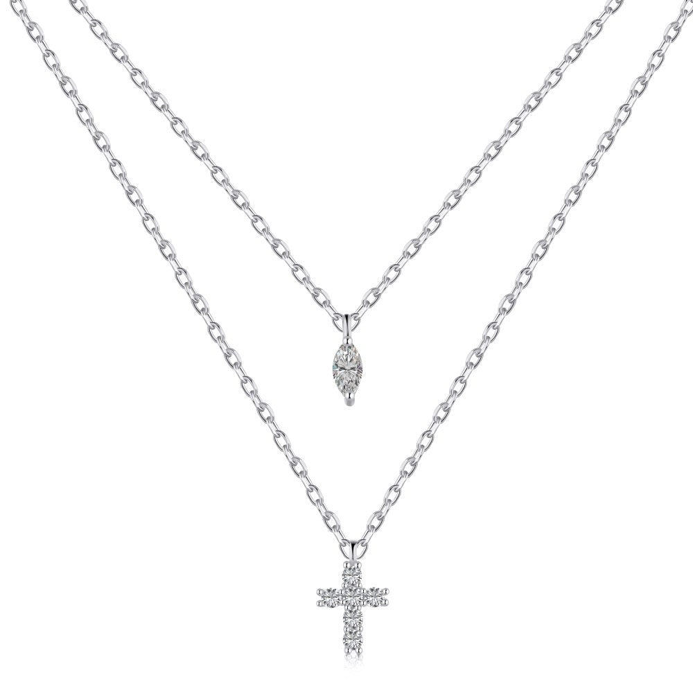 Double Layer Cubic Zirconia Cross Necklace in Sterling Silver