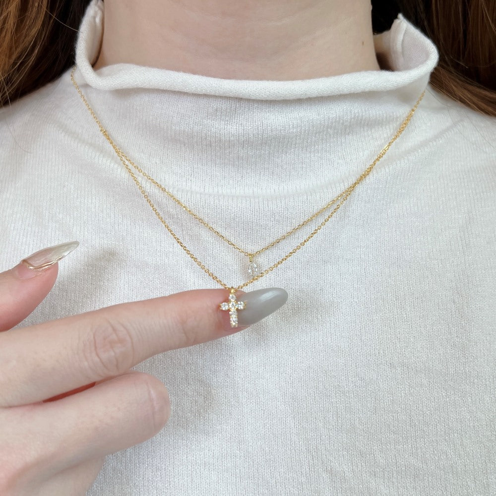 Double Layer Cubic Zirconia Cross Necklace in Sterling Silver
