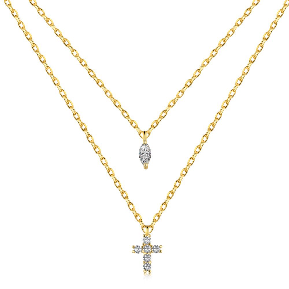 Double Layer Cubic Zirconia Cross Necklace in Sterling Silver