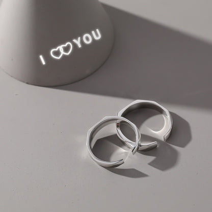 Projection de réflexion de lumière "I LOVE YOU" Bague de couple réglable en argent