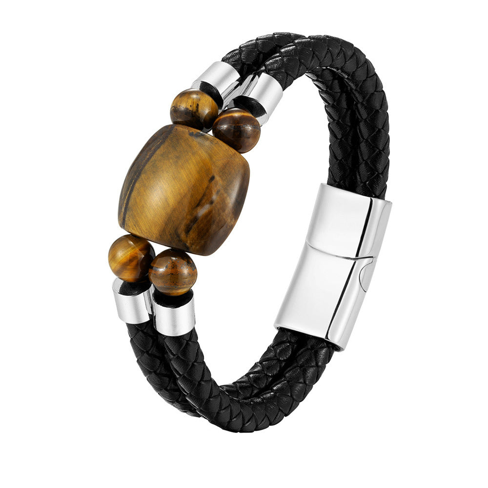 Bracelet tissé en cuir œil de tigre naturel