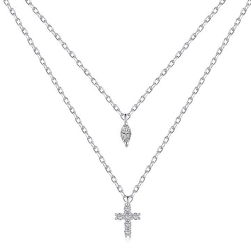 Double Layer Cubic Zirconia Cross Necklace in Sterling Silver