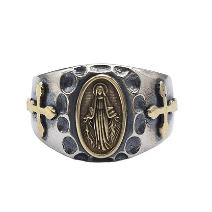 Bague en argent ouverte avec croix mariale vintage