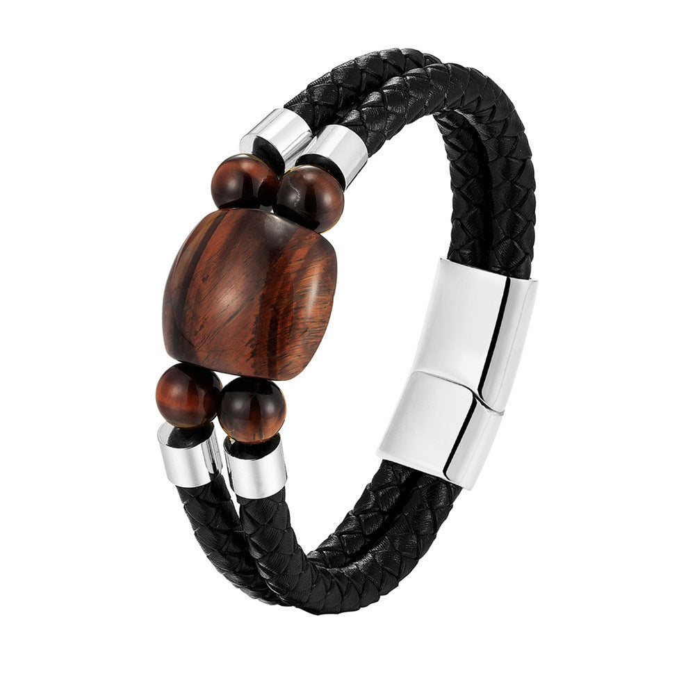 Natural Tigers Eye Leather Woven Bracelet